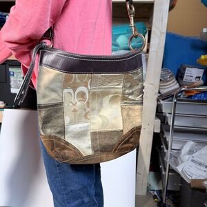 Coach Patchwork Signature C Hobo Bag Metallic Brown Leather Suede